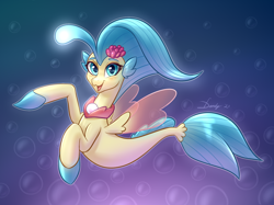 Size: 1890x1417 | Tagged: safe, artist:dandy, princess skystar, seapony (g4), g4, my little pony: the movie, atg 2021, bioluminescent, blue eyes, blue mane, blue tail, blushing, bubble, clothes, cute, digital art, dorsal fin, eyelashes, female, fin wings, fins, fish tail, floppy ears, flower, flower in hair, flowing mane, flowing tail, glowing, happy, jewelry, looking at you, necklace, newbie artist training grounds, ocean, open mouth, open smile, pearl necklace, scales, seaquestria, see-through, signature, simple background, smiling, solo, swimming, tail, underwater, water, wings