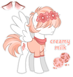 Size: 1455x1544 | Tagged: safe, artist:jvartes6112, oc, oc only, oc:creamy milk, pegasus, pony, clothes, cookie, floral head wreath, flower, food, hair over eyes, hoodie, male, pegasus oc, simple background, solo, stallion, transparent background, wings