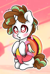 Size: 1080x1596 | Tagged: safe, artist:jvartes6112, oc, oc only, oc:jv6112, alicorn, pony, unicorn, abstract background, alicorn oc, backpack, blushing, burger, clothes, food, horn, looking up, male, solo, stallion, starry eyes, wingding eyes, wings