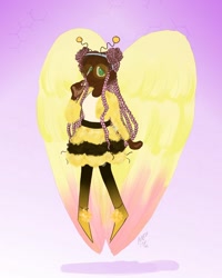 Size: 1080x1350 | Tagged: safe, artist:karmastarva, fluttershy, human, g4, bumblebee (dc comics), clothes, cosplay, costume, dark skin, female, flying, gradient background, humanized, signature, solo, winged humanization, wings