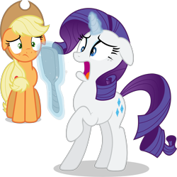 Size: 4344x4330 | Tagged: safe, artist:estories, artist:frownfactory, artist:tomfraggle, edit, editor:slayerbvc, vector edit, applejack, rarity, earth pony, pony, unicorn, g4, absurd resolution, applejack's hat, cowboy hat, duo, duo female, female, floppy ears, freckles, gasp, glowing horn, hand mirror, hat, horn, horrified, magic, magic aura, mare, marshmelodrama, open mouth, raised hoof, rarity being rarity, shocked, simple background, stetson, telekinesis, the worst possible thing, transparent background, vector