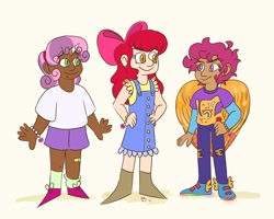 Size: 1080x864 | Tagged: safe, artist:karmastarva, apple bloom, scootaloo, sweetie belle, human, g4, boots, bow, clothes, cutie mark crusaders, dark skin, eyelashes, female, hair bow, hand on hip, horn, horned humanization, humanized, overalls, pants, shoes, shorts, simple background, smiling, winged humanization, wings