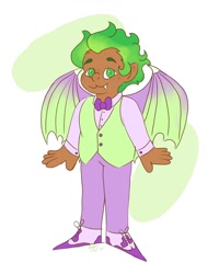 Size: 1080x1350 | Tagged: safe, artist:karmastarva, spike, human, g4, abstract background, bowtie, clothes, dark skin, humanized, male, pants, shoes, smiling, solo, suit, winged humanization, wings