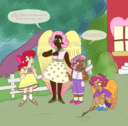 Size: 1080x1066 | Tagged: safe, artist:karmastarva, apple bloom, fluttershy, scootaloo, sweetie belle, human, g4, bow, clothes, cutie mark crusaders, dark skin, dialogue, dress, female, hair bow, horn, horned humanization, humanized, outdoors, pants, shorts, squatting, stick, winged humanization, wings
