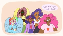 Size: 1080x614 | Tagged: safe, artist:karmastarva, fluttershy, pinkie pie, rainbow dash, rarity, twilight sparkle, human, g4, abstract background, clothes, crossed arms, dark skin, female, frown, glasses, horn, horned humanization, humanized, jewelry, necklace, necktie, pearl necklace, suit, talking, wingding eyes