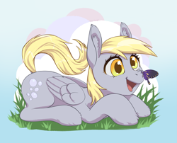 Size: 3005x2426 | Tagged: safe, artist:taytinabelle, derpy hooves, butterfly, pegasus, pony, butterfly on nose, cute, derpabetes, dock, ear fluff, female, grass, happy, high res, insect on nose, lying down, mare, open mouth, simple background, smiling, solo, unshorn fetlocks