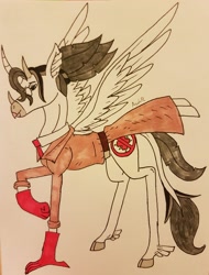 Size: 2971x3903 | Tagged: safe, artist:agdapl, hippogriff, clothes, crossover, glasses, gloves, high res, hippogriffied, male, medic, medic (tf2), signature, solo, species swap, team fortress 2, traditional art