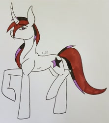 Size: 2711x3049 | Tagged: safe, artist:agdapl, oc, oc only, oc:holly, pony, unicorn, curved horn, female, high res, horn, mare, raised hoof, signature, solo, traditional art, unicorn oc