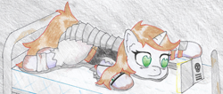 Size: 2007x849 | Tagged: safe, artist:toshimatsu, derpibooru exclusive, oc, oc only, oc:littlepip, pony, unicorn, fallout equestria, bandage, bed, belt, book, clothes, fanfic, fanfic art, female, horn, lying down, lying on bed, on bed, raider armor, reading, solo, tail, traditional art, vest