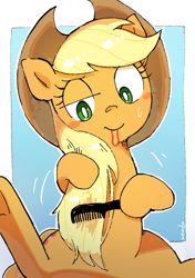 Size: 896x1270 | Tagged: safe, artist:fuyugi, applejack, earth pony, pony, g4, applejack's hat, blush sticker, blushing, brushing, comb, cowboy hat, cute, female, hairband, hat, hoof hold, jackabetes, loose hair, mare, mouth hold, silly, silly pony, solo, sweat, sweatdrop, white pupils, who's a silly pony