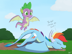 Size: 2000x1502 | Tagged: safe, artist:arcane-thunder, rainbow dash, spike, dragon, g4, crash landing, dialogue, dragoness, dragonified, eyes closed, female, implied twilight sparkle, male, open mouth, rainbow crash, rainbow dragon, species swap, winged spike, wings