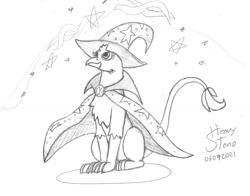 Size: 1280x1002 | Tagged: safe, artist:heavysteno, trixie, griffon, g4, atg 2021, brooch, cape, clothes, female, griffonized, hat, jewelry, monochrome, newbie artist training grounds, solo, species swap, traditional art, trixie's brooch, trixie's cape, trixie's hat