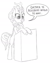 Size: 1600x1977 | Tagged: safe, artist:pegapone, autumn blaze, kirin, g4, atg 2021, bipedal, cloven hooves, dead poets society, dialogue, ear fluff, monochrome, newbie artist training grounds, podium, poetry, scales, simple background, solo, standing, tail, talking, text, white background