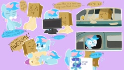 Size: 1920x1080 | Tagged: safe, artist:lound, oc, oc:blue chewings, oc:paper bag, earth pony, pony, car, chew toy, dialogue, earth pony oc, happy, hug, screen