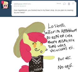 Size: 650x600 | Tagged: safe, artist:letterstoapplebloom-blog-blog, apple bloom, earth pony, pony, g4, clothes, facial hair, female, filly, mexican, moustache, poncho, solo, sombrero, spanish, tumblr