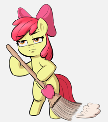 Size: 1750x1968 | Tagged: safe, artist:heretichesh, apple bloom, earth pony, pony, g4, apple bloom's bow, bipedal, bored, bow, broom, female, filly, hair bow, pun, solo, visual pun