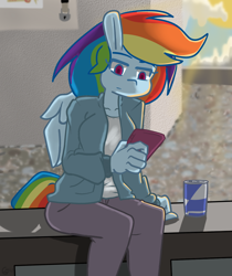 Size: 1000x1192 | Tagged: safe, artist:genericmlp, rainbow dash, anthro, g4, cellphone, clothes, jacket, pants, phone, solo