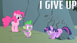 Size: 1280x720 | Tagged: safe, edit, edited screencap, editor:quoterific, screencap, pinkie pie, spike, twilight sparkle, dragon, earth pony, pony, unicorn, feeling pinkie keen, g4, season 1, female, giving up, male, mare, trio, unicorn twilight