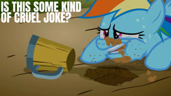 Size: 1280x720 | Tagged: safe, edit, edited screencap, editor:quoterific, screencap, rainbow dash, pegasus, pony, g4, season 2, the super speedy cider squeezy 6000, crying, dirt, eating, eating dirt, female, mare, mug, open mouth, sad, solo, sweat