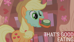 Size: 1280x720 | Tagged: safe, edit, edited screencap, editor:quoterific, screencap, applejack, earth pony, pony, g4, look before you sleep, season 1, applejack's hat, cowboy hat, cucumber, cute, female, food, golden oaks library, hat, herbivore, jackabetes, mare, mud mask, open mouth, pickle, solo, tongue out