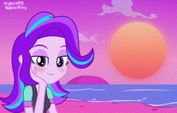 Size: 2386x1523 | Tagged: safe, artist:kingdark0001, starlight glimmer, equestria girls, g4, 80s, beach, beanie, blushing, clothes, female, hat, lidded eyes, looking at you, ocean, sand, smiling, smiling at you, solo, sun, vaporwave, vest, wallpaper, water