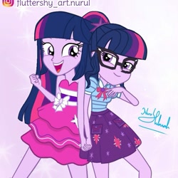 Size: 735x735 | Tagged: safe, artist:fluttershy_art.nurul, edit, edited screencap, screencap, sci-twi, twilight sparkle, alicorn, equestria girls, equestria girls series, g4, so much more to me, bare shoulders, bowtie, clothes, cute, cutie mark, cutie mark on clothes, duality, duo, duo female, female, geode of telekinesis, glasses, holding hands, jewelry, looking at each other, magical geodes, necklace, open mouth, open smile, ponytail, sci-twiabetes, self paradox, sleeveless, smiling, smiling at each other, strapless, sweet dreams fuel, twiabetes, twilight ball dress, twilight sparkle (alicorn), twolight