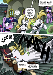 Size: 1204x1700 | Tagged: safe, artist:tarkron, rarity, twilight sparkle, oc, oc:cosmo cool, alicorn, pony, unicorn, comic:the royal sandal, g4, comic, glasses, glowing horn, grammar error, horn, speech bubble, spy, twilight sparkle (alicorn), unicorn oc