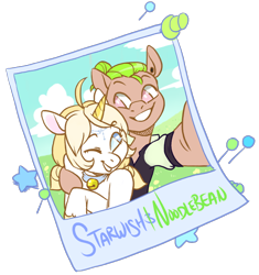 Size: 700x745 | Tagged: safe, artist:lavvythejackalope, oc, oc only, earth pony, pony, unicorn, bust, clothes, collar, commission, duo, ear piercing, earth pony oc, grin, horn, one eye closed, outdoors, piercing, selfie, side hug, simple background, smiling, transparent background, unicorn oc, wink, ych result