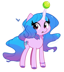 Size: 2273x2574 | Tagged: safe, artist:kindakismet, izzy moonbow, pony, unicorn, g5, my little pony: a new generation, ball, bracelet, cute, female, high res, horn, horn guard, horn impalement, hornball, izzy's tennis ball, izzybetes, jewelry, mare, open mouth, simple background, solo, tennis ball, unshorn fetlocks, white background