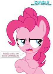 Size: 2000x2795 | Tagged: safe, artist:kuren247, pinkie pie, earth pony, pony, g4, angry, crossed hooves, high res, pinkie pie is not amused, simple background, solo, speech bubble, text, transparent background, unamused, upset, vector
