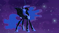 Size: 1920x1080 | Tagged: safe, screencap, nightmare moon, alicorn, pony, a royal problem, g4, armor, ethereal mane, ethereal tail, evil laugh, eyes closed, female, helmet, hoof shoes, laughing, mare, open mouth, peytral, princess shoes, solo, spread wings, starry mane, starry tail, tail, wings