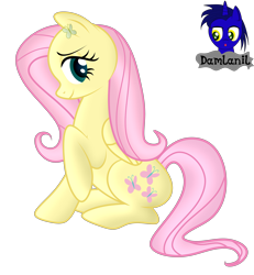 Size: 3840x4154 | Tagged: safe, alternate version, artist:damlanil, fluttershy, pegasus, pony, g4, blushing, cute, cutie mark accessory, female, makeup, mare, raised hoof, shiny, shiny mane, show accurate, shyabetes, simple background, sitting, solo, transparent background, vector, wings