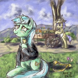 Size: 1000x1000 | Tagged: safe, artist:clarkeotterton, lyra heartstrings, oc, oc:morning dew, earth pony, pony, unicorn, fanfic:background pony, g4, atg 2021, blushing, cart, clothes, dig the swell hoodie, flower, hoodie, lyre, musical instrument, newbie artist training grounds, palindrome get, tulip