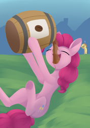 Size: 988x1394 | Tagged: safe, artist:dusthiel, applejack, pinkie pie, earth pony, pony, g4, atg 2021, barrel, belly, chugging, coffee, drinking, exclamation point, eyes closed, hammerspace belly, misleading thumbnail, newbie artist training grounds, open mouth, pinkie found the coffee, slender, solo focus, thin, this will end in diarrhea, this will not end well, underhoof, xk-class end-of-the-world scenario