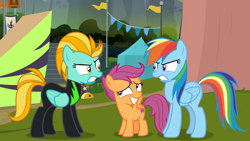 Size: 1366x768 | Tagged: safe, screencap, lightning dust, rainbow dash, scootaloo, pony, g4, the washouts (episode), angry, awkward smile, female, filly, glare, grin, mare, nervous, nervous smile, rivalry, smiling, the washouts, trio