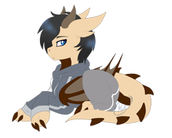 Size: 1150x920 | Tagged: artist needed, safe, oc, oc only, oc:auburn "dergy", dragon, hybrid, pony, clothes, comfy, cute, hoodie, lying down, male, pants, solo, sweater, sweatpants, wings