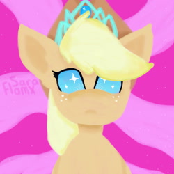 Size: 1773x1773 | Tagged: safe, artist:saraflamx, applejack, earth pony, pony, g4.5, my little pony: pony life, the tiara of truth, blonde mane, blue eyes, closed mouth, drawing, hat, jewelry, magic, pink background, simple background, tiara, tiara of truth