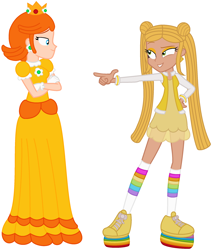 Size: 1978x2330 | Tagged: safe, artist:ravenwolf-bases, artist:user15432, human, equestria girls, g4, barely eqg related, base used, clothes, crossed arms, crossover, crown, dress, duo, ear piercing, earring, equestria girls style, equestria girls-ified, gloves, hand on hip, jewelry, looking at each other, nintendo, piercing, pointing, princess daisy, rainbow high, rainbow socks, regalia, shoes, sneakers, socks, striped socks, summer dress, sundress, sunny madison, super mario bros., sweater, yellow dress