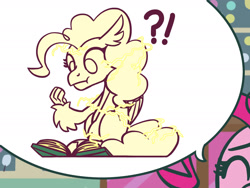 Size: 1800x1350 | Tagged: safe, artist:flutterluv, pinkie pie, hippogriff, g4, :t, atg 2021, book, exclamation point, hippogriffied, interrobang, magic, newbie artist training grounds, question mark, solo, species swap, speech bubble