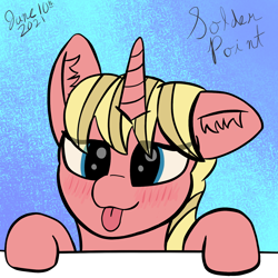 Size: 1500x1500 | Tagged: safe, artist:solder point, oc, oc only, pony, unicorn, :p, abstract background, blush sticker, blushing, bust, cute, digital art, ear fluff, eye clipping through hair, female, floppy ears, looking at you, mare, signature, solo, tongue out, transparent