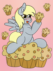 Size: 1300x1750 | Tagged: dead source, safe, artist:subleni, derpy hooves, pegasus, pony, g4, blushing, female, food, muffin, open mouth, simple background, solo, that pony sure does love muffins
