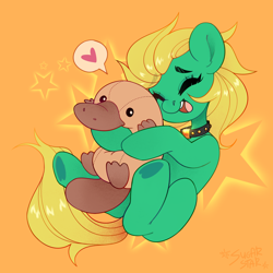 Size: 3000x3000 | Tagged: safe, artist:sugarstar, oc, oc only, oc:professor sugarcube, earth pony, platypus, pony, abstract background, choker, cute, eyes closed, female, happy, heart, high res, open mouth, plushie, solo, underhoof
