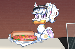 Size: 2888x1883 | Tagged: safe, artist:confetticakez, oc, oc only, oc:confetti cupcake, bat pony, pony, bat pony oc, eyebrows, eyebrows visible through hair, fangs, female, food, hat, high res, looking at you, mouth hold, mustard, restaurant, sandwich, sauce, smiling, smiling at you, solo, subway (restaurant)