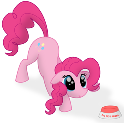 Size: 2000x1980 | Tagged: safe, artist:doodledonutart, pinkie pie, earth pony, pony, g4, atg 2021, big red button, button, female, impulsive, newbie artist training grounds, simple background, solo, white background