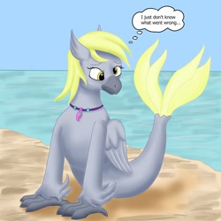Size: 1200x1200 | Tagged: safe, artist:termyotter, derpy hooves, hippogriff, hybrid, seapony (g4), g4, atg 2021, beach, female, fish tail, flowing tail, i just don't know what went wrong, implied transformation, jewelry, necklace, newbie artist training grounds, ocean, solo, species swap, tail, water
