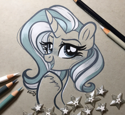 Size: 2819x2598 | Tagged: safe, artist:emberslament, trixie, pony, unicorn, g4, blushing, bust, colored pencil drawing, colored pencils, female, heart eyes, high res, irl, looking at you, mare, monochrome, open mouth, open smile, photo, portrait, raised eyebrow, smiling, smiling at you, smug, solo, traditional art, wingding eyes