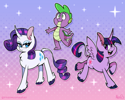 Size: 2805x2244 | Tagged: safe, artist:the-irken-moonwalker, rarity, spike, twilight sparkle, alicorn, dragon, pony, unicorn, g4, abstract background, female, high res, leonine tail, male, trio, twilight sparkle (alicorn)