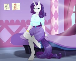 Size: 1600x1300 | Tagged: safe, artist:vera2002, rarity, unicorn, anthro, unguligrade anthro, g4, bed, clothes, female, looking at you, sitting, solo