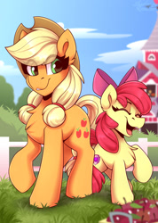Size: 1600x2250 | Tagged: safe, artist:shadowreindeer, apple bloom, applejack, earth pony, pony, g4, adorabloom, apple, apple bloom's bow, apple sisters, applejack's hat, barn, bow, bush, chest fluff, cloud, cowboy hat, cute, duo, eye clipping through hair, eyelashes, eyes closed, female, fence, filly, food, grass, hair bow, hat, jackabetes, mare, open mouth, open smile, raised hoof, siblings, sisters, sky, smiling, tree