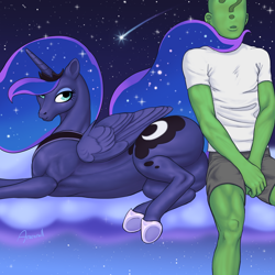 Size: 1250x1250 | Tagged: safe, artist:arareroll, princess luna, oc, oc:anon, alicorn, human, pony, bedroom eyes, butt, clothes, cloud, crown, female, hoers, hoof shoes, human male, jewelry, lying down, male, mare, on side, peytral, plot, regalia, seduction, shirt, shooting star, shorts, sitting, stars, tail seduce, teaser, teasing